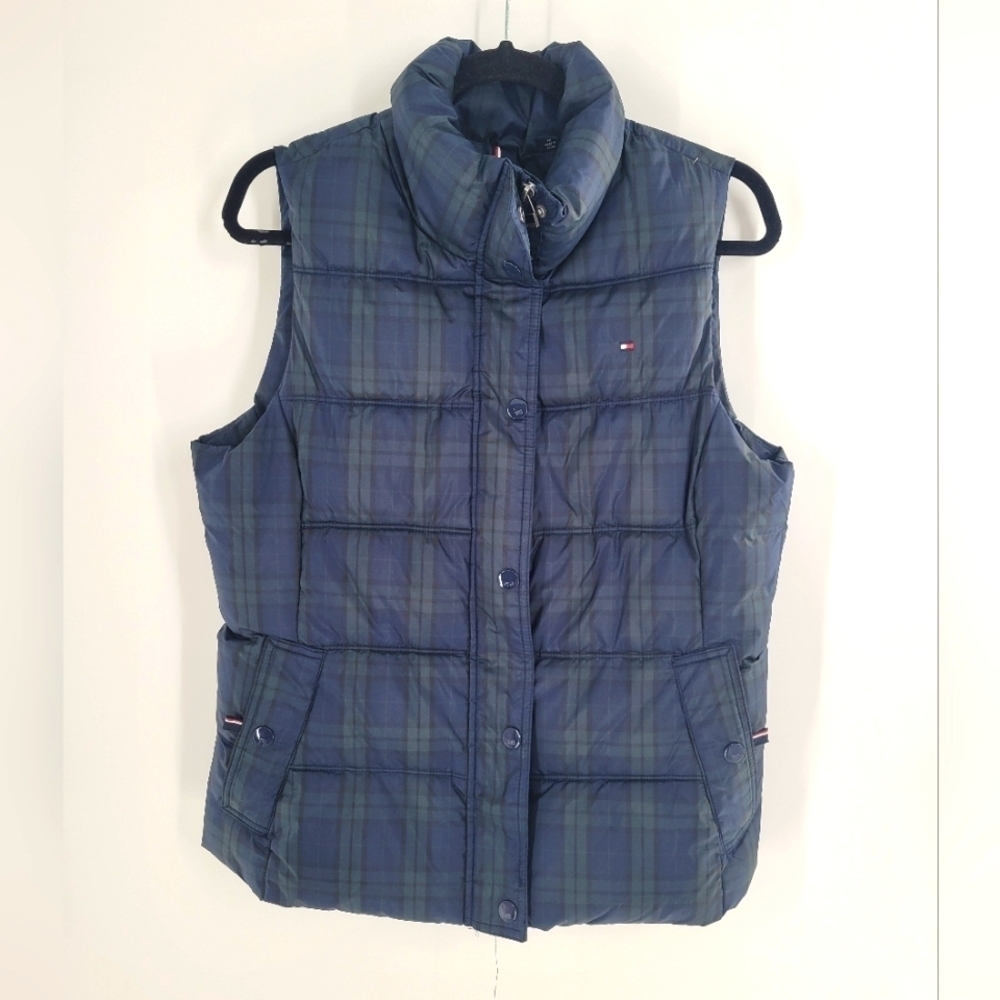 TOMMY HILFIGER womans puffer outdoor vest green navy plaid‎ zip Size M